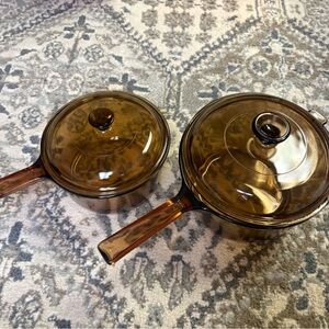 Vintage Corning Ware Vision Amber 1.5 & 2.5 Liter Sauce Pot w/Lid PYREX Glass